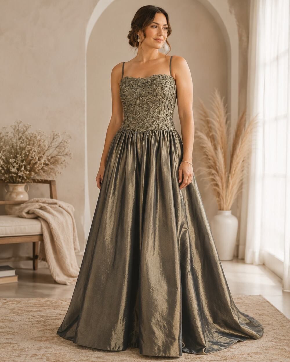 Azul by Liancarlo 14 Bronze Metallic Lace Strapless Gown Old Hollywood Glam